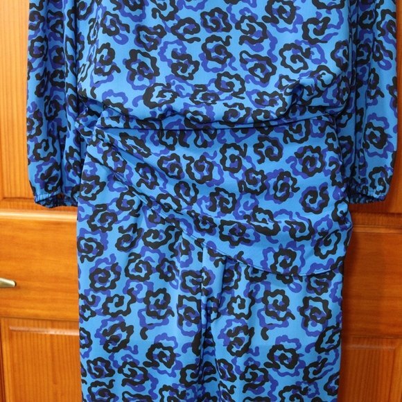 Vintage Royal Blue Black Floral Print Long Sleeve Knee Length Dress 1980s USA - Picture 10 of 15